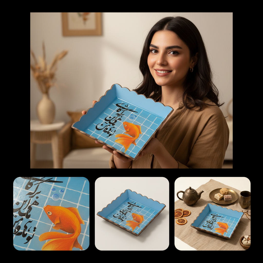 Hand-painted Goldfish Tray with Persian Calligraphy