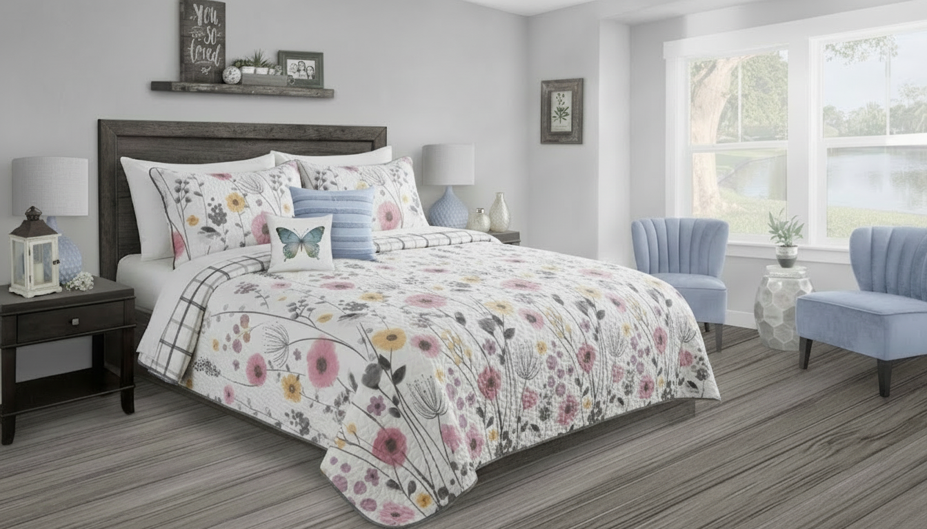 Floral Quilt Bedroom Interior Product Photography