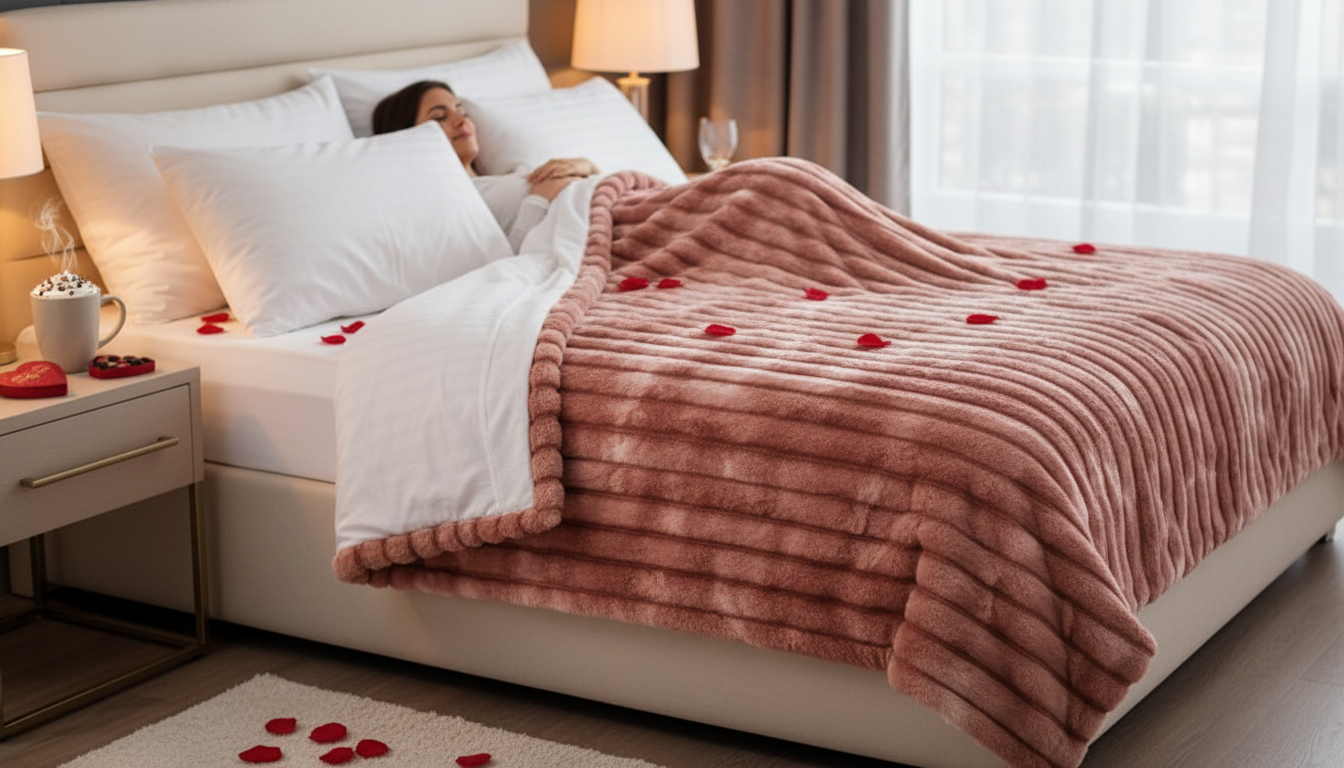 Pink Ribbed Faux Fur Blanket