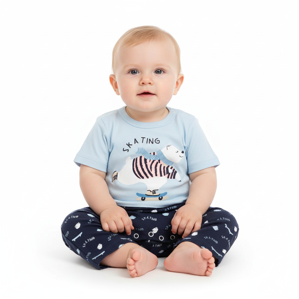 Baby Boy's Blue Skating Bear Romper Cotton Blend